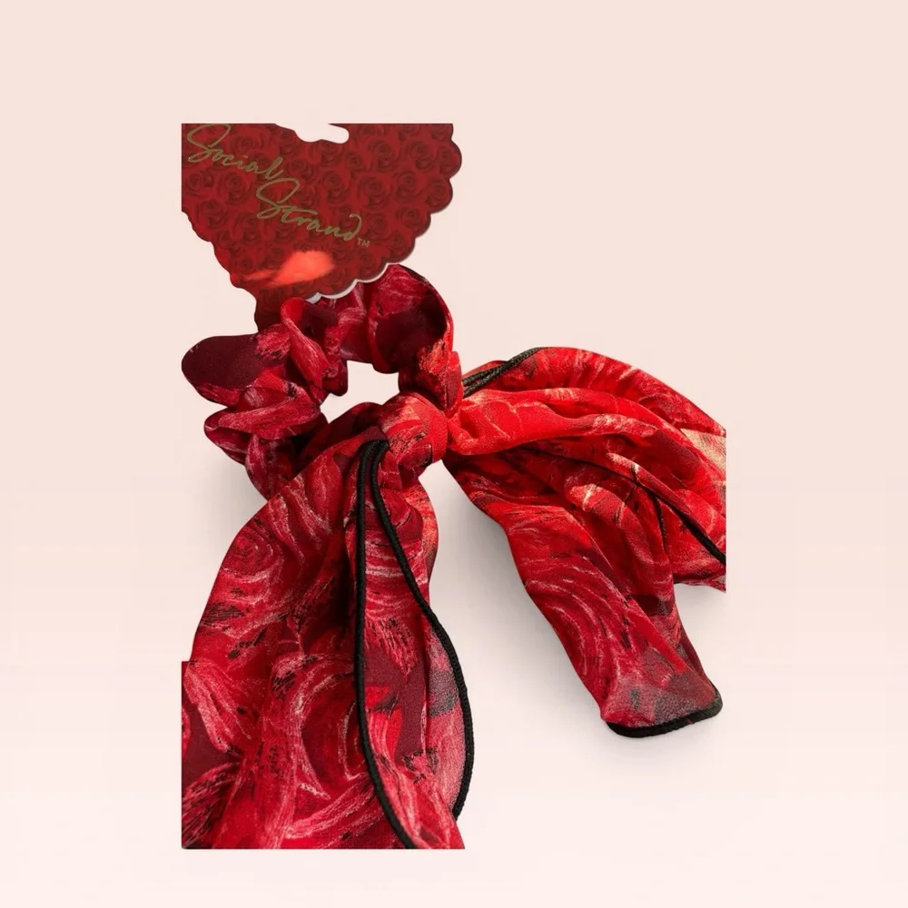 Social Strand Red and White Floral Scarf Hair Scrunchies Ponytail Tie